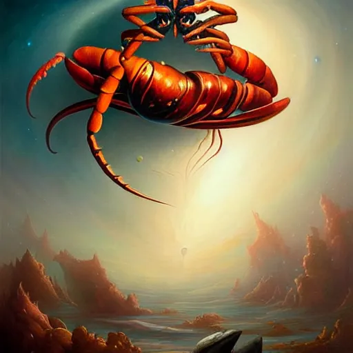 Image similar to The god of wateers resembles a lobster, cosmic, horror, Peter Mohrbacher, artwork by Peter Mohrbacher, inspired by Salvador Dalí, surreal
