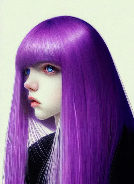 Image similar to hair whitebangs hair, black hair, whitebangs, portrait of teenage girl with white bangs, red irises, purple clothes, white bangs, bangs are different color from hair, intricate, elegant, glowing lights, highly detailed, digital painting, artstation, concept art, smooth, sharp focus, illustration, art by wlop, mars ravelo and greg rutkowski