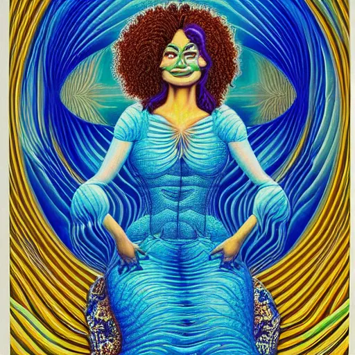 Prompt: elaborate, chaotic by alex grey, by jules tavernier electric blue, shrek. a beautiful illustration of a woman with long curly hair, wearing a white dress & sitting in a chair in front of a window with a view of a mountainside.
