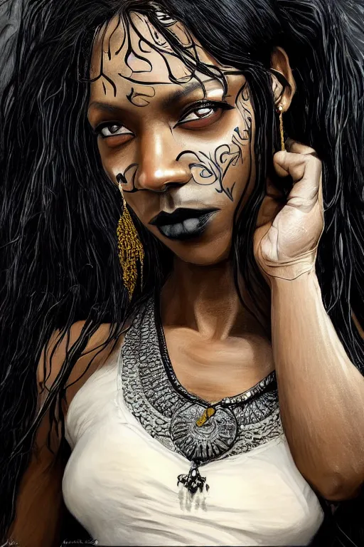 Image similar to a beautiful African American woman with long black hair, yellow eyes, gothic, intricate, elegant, dramatic lighting, gorgeous face, white tank top, highly detailed, lifelike, photorealistic, digital painting, artstation, illustration, concept art, smooth, sharp focus, art by John Collier and Albert Aublet and Krenz Cushart and Artem Demura and Alphonse Mucha