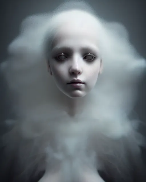 Image similar to delicate, dreamy, feminine, subsurface scattering, white, young beautiful robot - cyborg in cosmos long white hair floating in air, fluid smoke art, black and white, octane render, dino valls, mark ryden, joe fenton, michal karcz, highly detailed, rim light, art, cinematic lighting, very coherent, hyper realism, 8 k