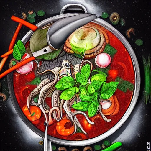 Prompt: an octopus cooking soup, stirring a pot with a ladle and cutting vegetables, fantasy illustration, trending on artstation, deviantart, very realistic, 4k