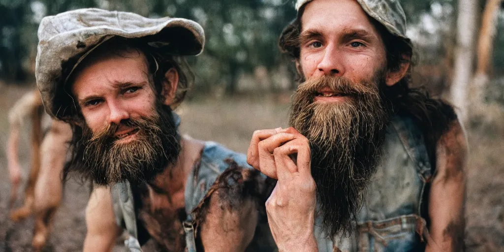 Image similar to extremely skinny malnourished redneck white male with long beard, wearing dirty overalls, dirty greasy face, grin, portrait, close up, kodak gold 2 0 0, 5 0 mm,