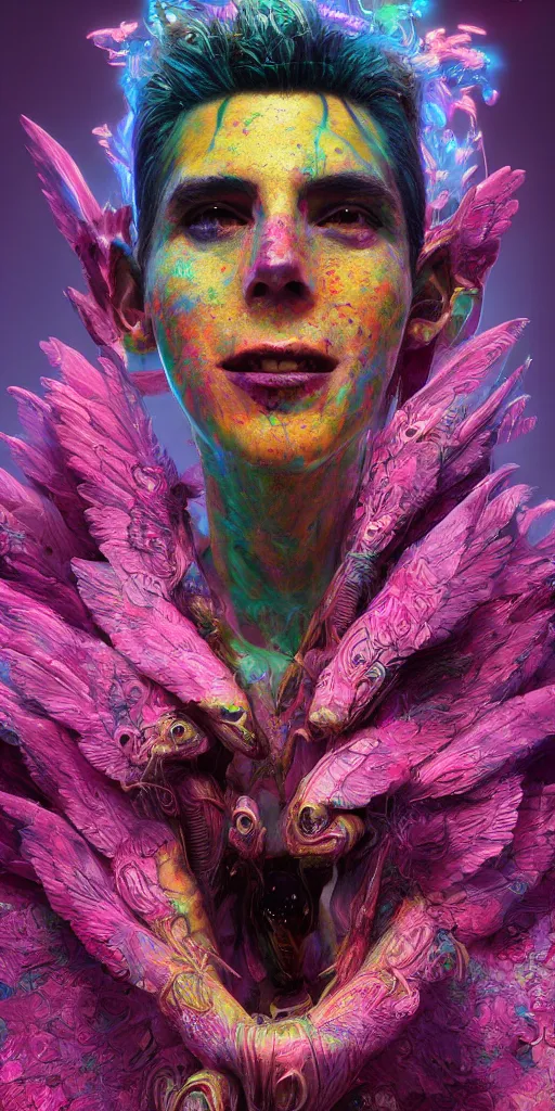 Image similar to impossibly beautiful portrait, dapper dream demon, wings, bad trip, insane smile, intricate complexity, surreal horror, inverted neon rainbow drip paint, trending on art station, photoreal, 8 k, octane render by greg rutkowski