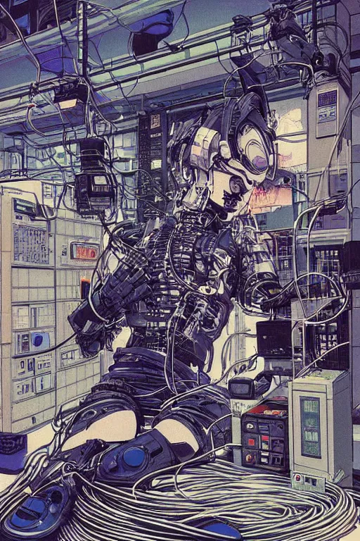 Image similar to beautiful hyperdetailed cyberpunk anime illustration of a feline robot lying in the lab with wires and cables coming out of his head and back, by moebius, masamune shirow and katsuhiro otomo