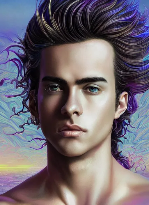 Image similar to magical, beautiful young man, wavy flowing hair, extremely detailed gorgeous face, sad eyes, tears, slim athletic body and attractive face, vaporwave aesthetic, synthwave, luxurious white suit, colorful, psychedelic, intricate, elegant, highly detailed, digital painting, artstation, concept art, smooth, sharp focus, illustration, art by artgerm and greg rutkowski and alphonse mucha