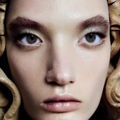 Image similar to close up of face of female fashion model, baroque style, beige colors, official jil sander editorial, highly detailed