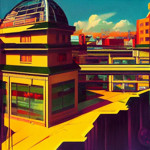 Image similar to detailed rooster, clockwork, moment, tectonic sky, skydome, bullet train, turbines, utopian, tech noir, wet reflections, prism, atmospheric, ambient, pj crook, syd mead, malcom t liepke, emma uber, edward hopper