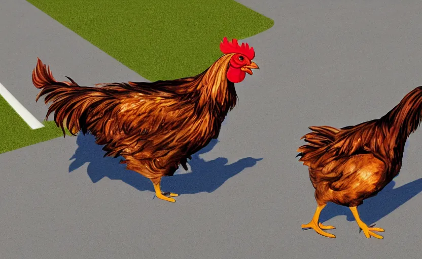 Prompt: artist depiction of the infamous chicken crossing a road, digital painting, masterpiece, gorgeous, beautiful, 4k wallpaper