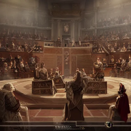 Image similar to roman senators arguing in the senate, high fantasy trending on artstation,