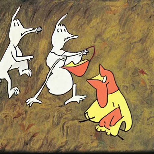 Image similar to the moomins, prehistoric cave painting