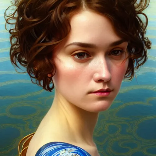 Image similar to full body portrait of a woman with short wavy hair, round face, cottagecore!!, lake water, intricate, enlightenment, highly detailed, digital painting, artstation, concept art, smooth, sharp focus, illustration, art by artgerm and greg rutkowski and alphonse mucha