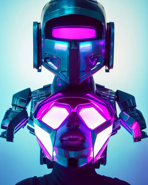 Image similar to centered medium shot fine studio photograph of a young woman wearing only a synthwave mecha Mayan helmet with bright lights, designed by Efrain Recinos, ultra-realistic, white background, 8k HDR, intricate