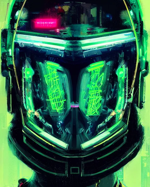 Image similar to detailed portrait cyberpunk helmet futuristic neon, reflective green coats, decorated with traditional japanese ornaments by Ismail inceoglu dragan bibin hans thoma greg rutkowski Alexandros Pyromallis Nekro Rene Maritte Illustrated, Perfect face, fine details, realistic shaded, fine-face, pretty face
