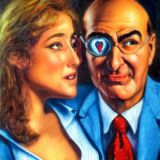 Image similar to perfectly centered symmetrical split male and female portrait of man and woman in love sharing one heart ; oil painting by will eisner, photorealistic, highly detailed