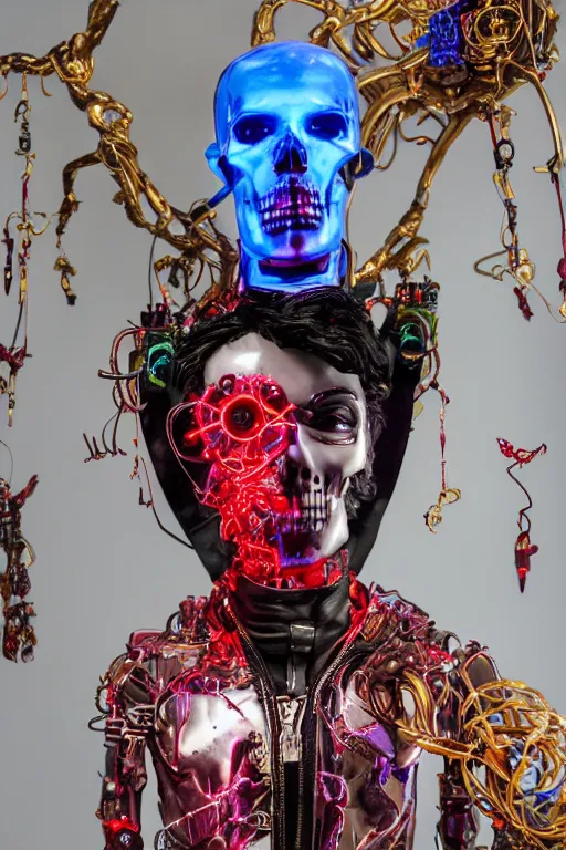 Image similar to full-body cyberpunk style sculpture of a young handsome Latino prince half android with a chest opening exposing circuitry and electric sparks, glowing red eyes, crown of blue roses, flowing magenta-colored silk, fabric, snakes. baroque elements, human skull. full-length view. baroque element. intricate artwork by caravaggio. many many birds birds on background. Trending on artstation, octane render, cinematic lighting from the right, hyper realism, octane render, 8k, depth of field, 3D