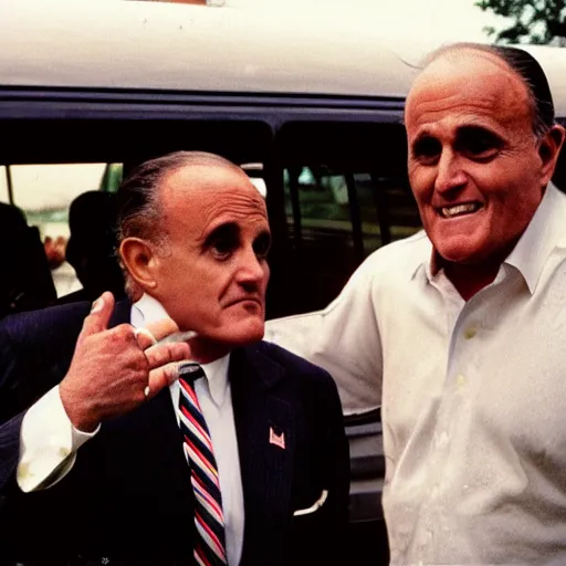 Prompt: Rudy Giuliani trying to ask someone for directions. Confused, sweaty, delirious and unhinged. CineStill.
