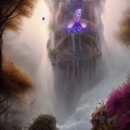 Image similar to tom bagshaw, beautiful amazon full armor, mythical cosmic shrine, soft painting render curiosities carnival pond river vegetation rocks bugs wildlife mushrooms covered moss bioluminescent wisps, beautiful stunning waterfall, accurate features, focus, very intricate ultrafine details, random volumetric lighting, fog, award winning masterpiece, octane render 8 k hd, artstation