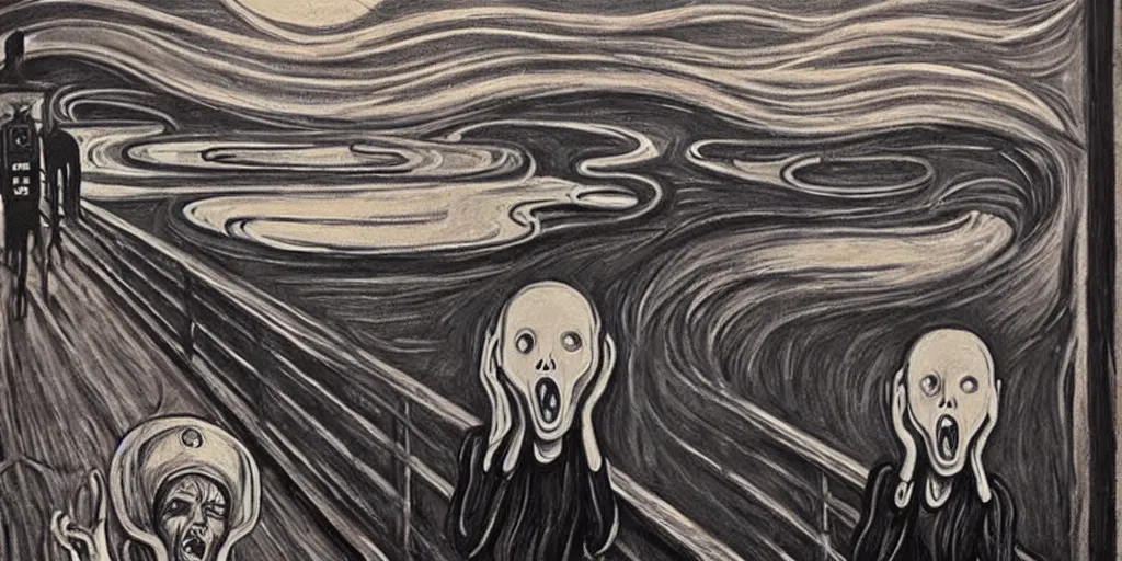 Image similar to a beautiful painting of the scream painting with robot by aaron horkey, trending on artstation