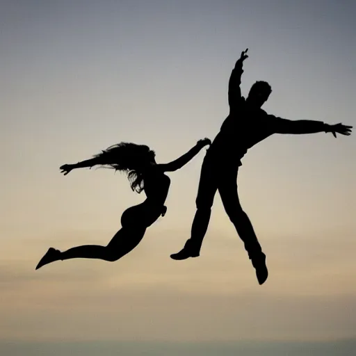 Image similar to a man holding a woman jumps into the air. the two figures are black silhouettes