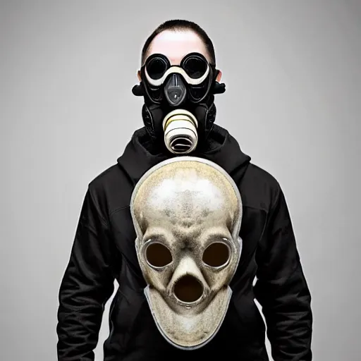 Prompt: a hyper realistic photoshoot of a gas mask with a human skull wearing the mask