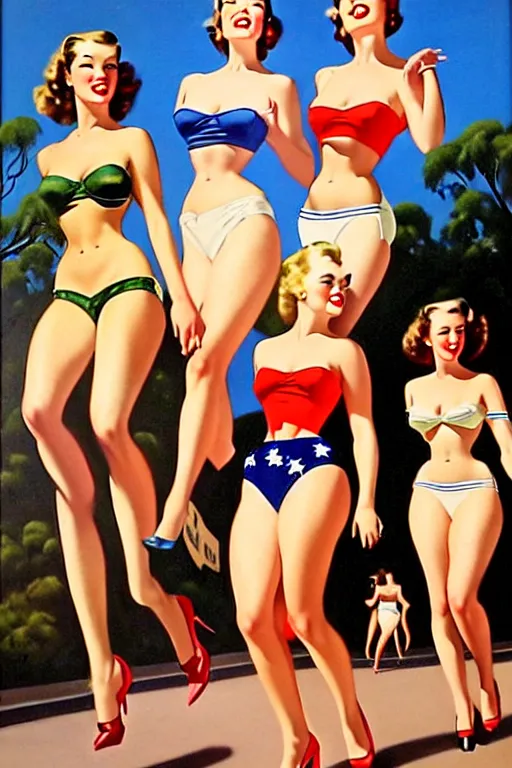 Image similar to 1940s group of pinup bikini girls walking down the street in 1940s Sydney in Australia, oil painting, by Gil Elvgren