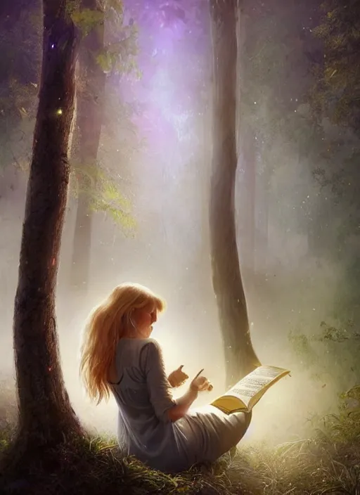 Prompt: portrait, gorgeous blond girl sits cross-legged in mystical misty forest, reading under a tree, fireflies and fairies illuminate the pages, dramatic lighting, cinematic, establishing shot, extremly high detail, foto realistic, cinematic lighting, post processed, concept art, artstation, matte painting, style by eddie mendoza, raphael lacoste, alex ross