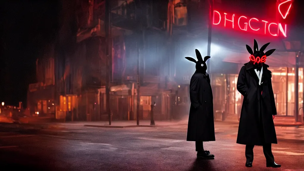 Image similar to a man in a trench coat wearing a black rabbit mask in front of a night club, film still from the movie directed by Denis Villeneuve with art direction by Salvador Dalí, wide lens