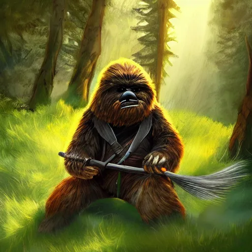 Image similar to a hard working ewok sweeping the forest floor, artstation, colorful