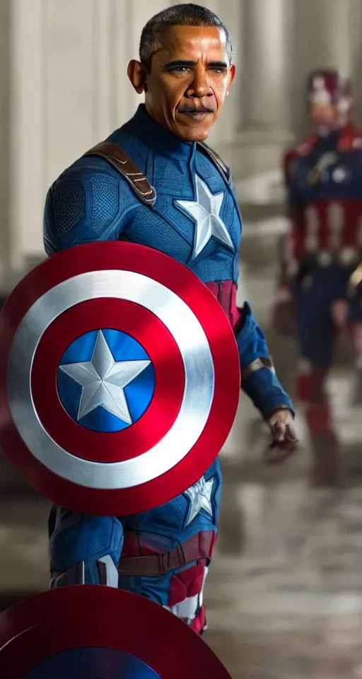 Image similar to Obama as Captain America in the Avengers, final epic scene, closeup still