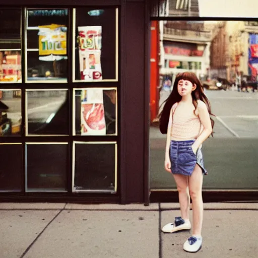 Prompt: kodak portra 8 0 0, film grain, ricoh, street photography, manhattan corner shop, girl portrait, tongue out, youth, evening light,