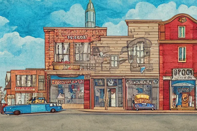 Image similar to a whimsical storybook illustration of a small town main street from the 1 9 5 0 s with a line of brick buildings with business signs over the doors and some late 1 9 5 0 s cars on the road in front of the buildings and one 1 9 3 0 model a hot rod, lowbrow pop art style watercolor