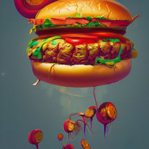 Image similar to trippy cheeseburger, highly detailed, warm colors, artstation, concept art, sharp focus, illustration, octane render, award winning, masterpiece, art by studio 4