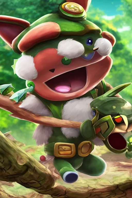 Image similar to teemo, a pokemon trading card of teemo, highly detailed pokemon trading card screenshot