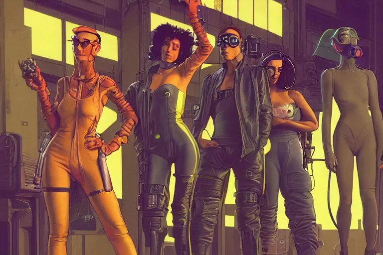 Prompt: cyberpunk heist crew. portrait by stonehouse and mœbius and will eisner and gil elvgren and pixar. character design. realistic proportions. dystopian. cyberpunk 2 0 7 7 character art, blade runner 2 0 4 9 concept art. cel shading. attractive face. thick lines. the team. diverse characters artstationhq..