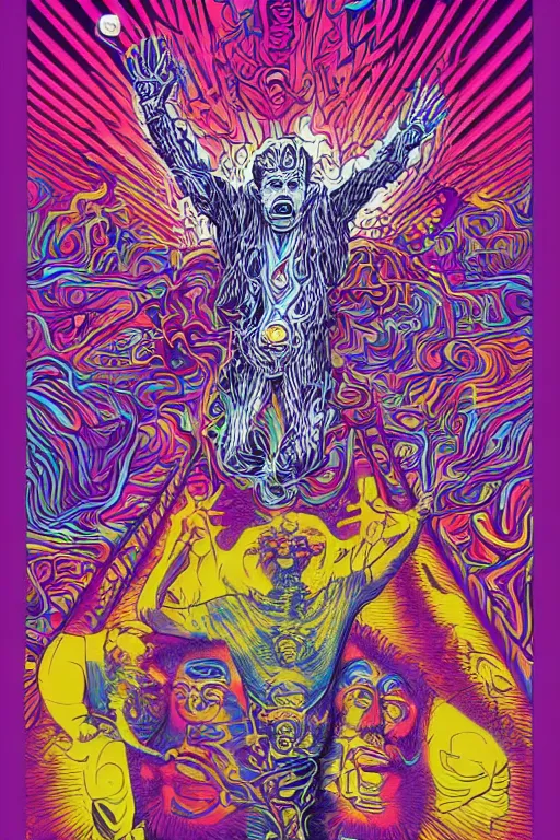 Prompt: a man tries a tab of LSD acid for the first time and hallucinates, by jack kirby, alex grey and dan hillier, colorful flat design, hd, 8k