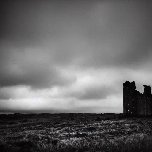 Image similar to a dark moody photo taken with a Holga of a ruined castle on an empty moor, greyscale, stormy