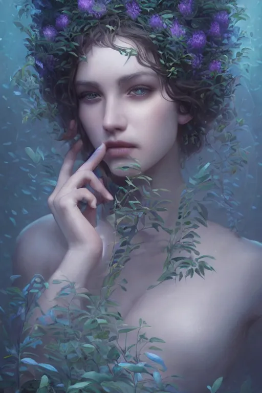 Prompt: a goddess of wisteria!! standing in a windy murky underwater garden! with a beautiful symmetrical face!!! smooth, sharp focus, cinematic lightning, murky dusty deep, smoky eyes, isolated, studio lighting by artgerm yuri shwedoff and tom bagshaw