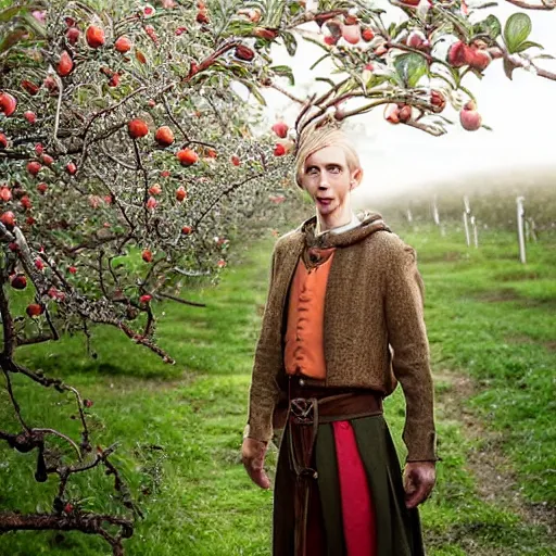 Prompt: portrait of a slender elven man, standing in an apple orchard, dressed in medieval clothes, very handsome, dungeons and dragons