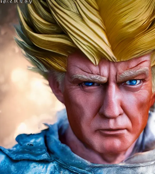 Image similar to award winning 5 5 mm close up portrait color photo of super saiyan trump, in a park by luis royo. fantasy horror style. soft light. sony a 7 r iv