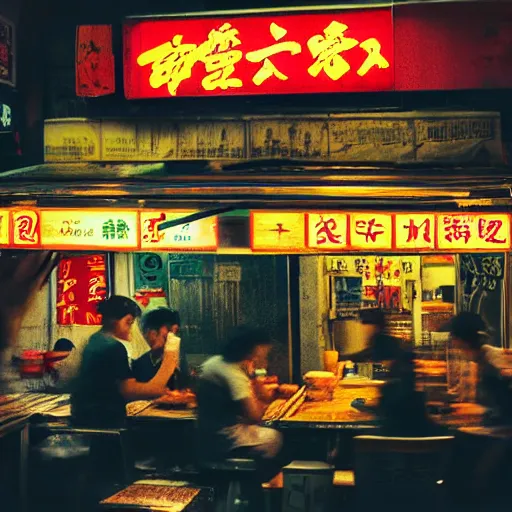 Prompt: a street noodle bar in the rainy city of neotokyo, a steaming bowl of ramen sitting on the table against the rainy background of neon signs, cyberpunk, futuristic, grungy, hd, 4 k, very detailed, polaroid photograph