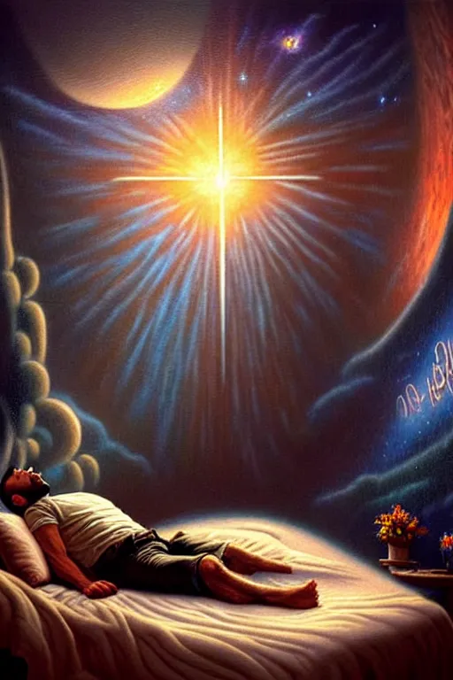 Prompt: a photorealistic detailed cinematic image of a man on his deathbed, contemplating existence, remembering his life, portal to the afterlife. met by friends and family, overjoyed, emotional by pinterest, david a. hardy, kinkade, lisa frank, wpa, public works mural, socialist