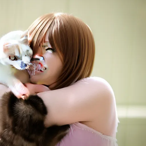 Prompt: anime girl hugging a white cat