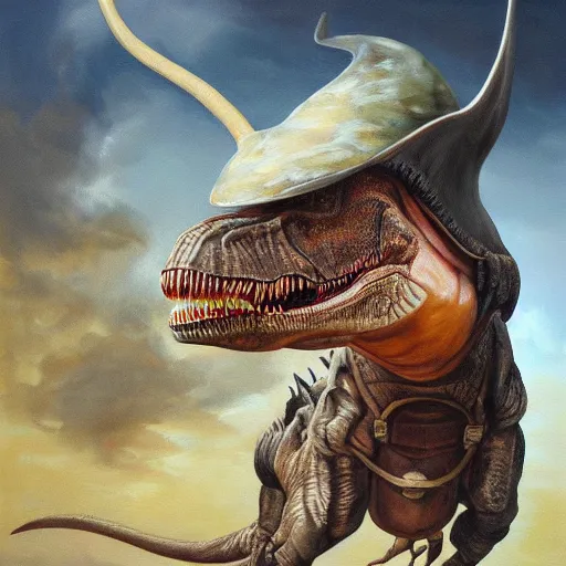 Image similar to a hyper realistic painting of a t - rex holding a musket and wearing a bicorn hat, super detailed, realistic, thick brush strokes, visible paint layers.