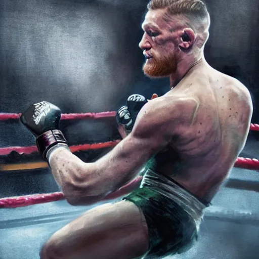 Image similar to connor mcgregor dressed as a ballerina dancing ballet inside the mma ring, highly detailed, digital painting, concept art, art by greg rutkowski, 4 k