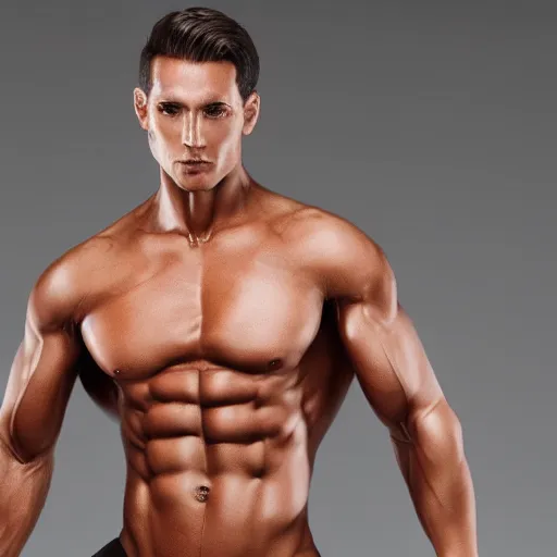 Image similar to a realistic detailed photo of a male fitness model who is also a male android, diego di marco, shiny skin, posing robotically, blank stare