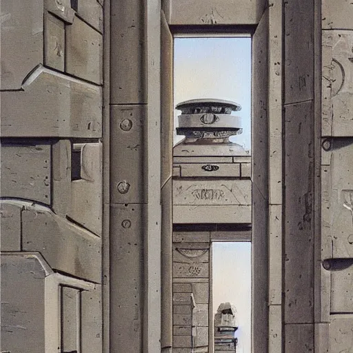 Image similar to painting of a scifi ancient civilzation victorian, brutalist architecture