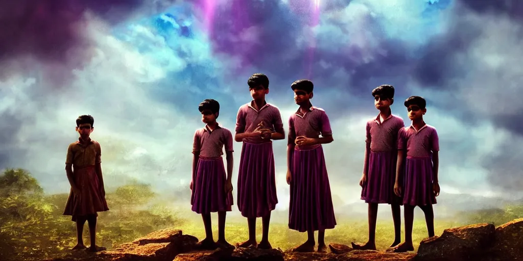 Image similar to kerala school boys wearing girls dresses posing for a photo, an epic fantasy, dramatic lighting, cinematic, establishing shot, extremely high detail, photorealistic, cinematic lighting, artstation, matte painting by christopher nolan, horizon forbidden west