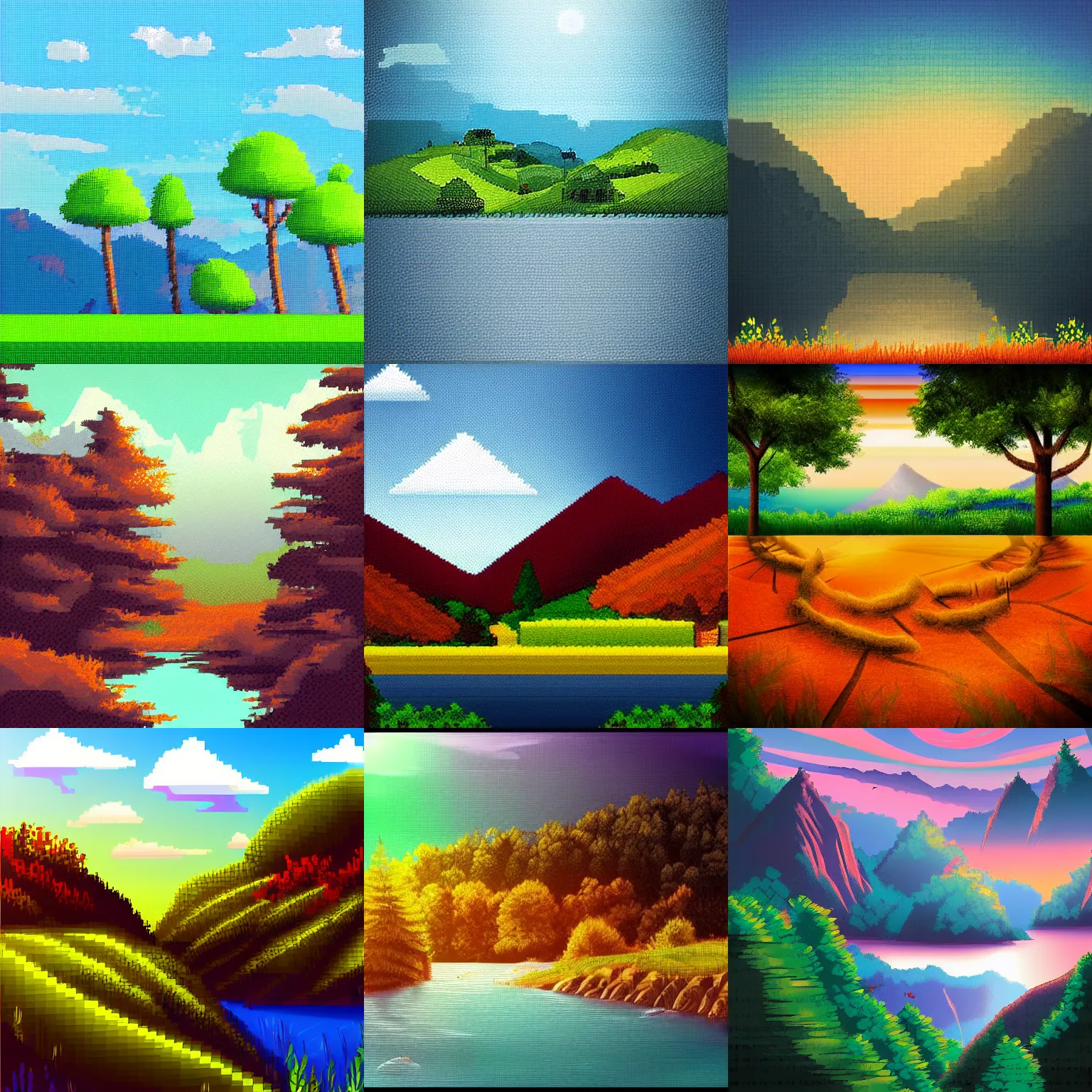 Prompt: beautiful landscape background, pixelated, digital art, sharp