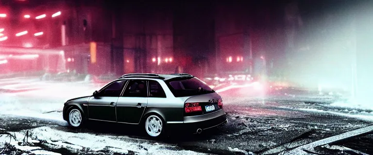 Image similar to Audi A4 B6 Avant (2002), eldritch horror anomaly, a gritty neo-noir, dramatic lighting, cinematic, eerie person, death, homicide, homicide in the snow, gunshots, establishing shot, extremely high detail, photorealistic, red fog, chaos, arson, burning city, cinematic lighting, artstation, by simon stalenhag, Max Payne (PC) (2001) winter New York at night, In the style of Max Payne 1 graphic novel, flashing lights, Poets of the Fall - Late Goodbye